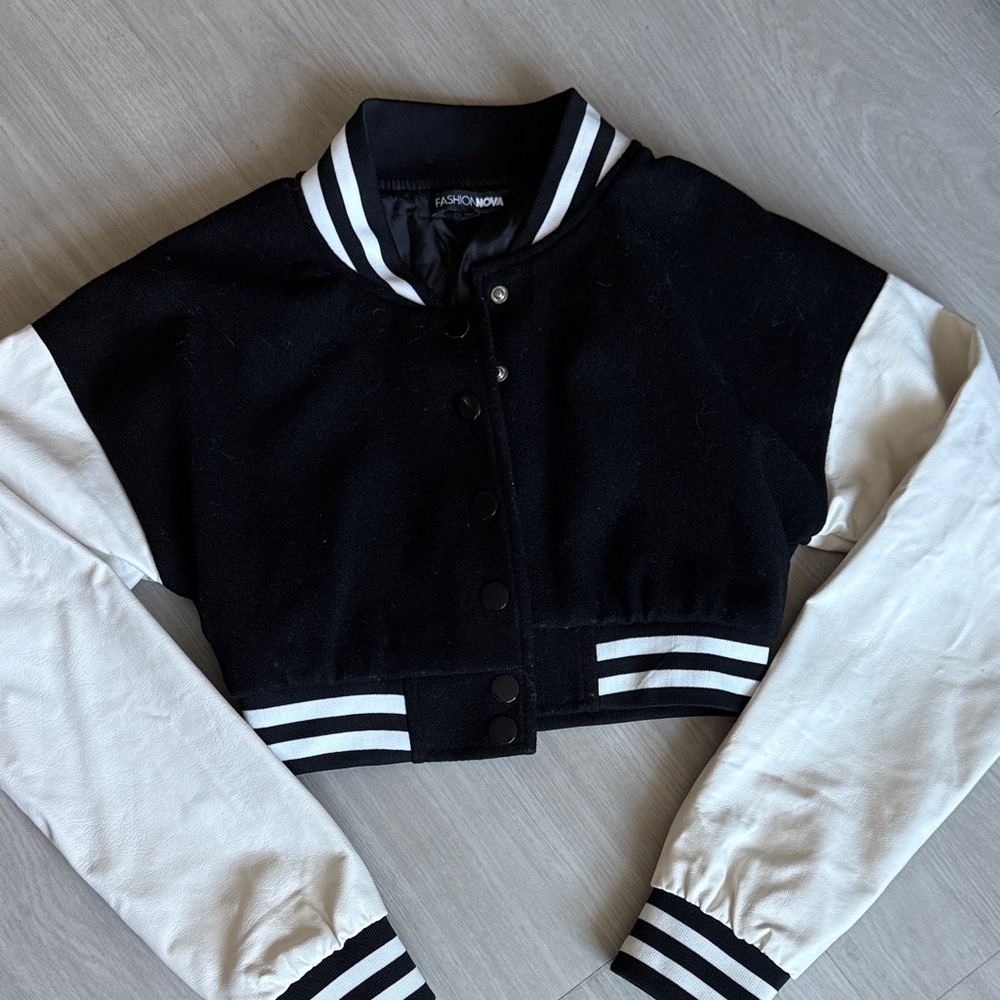 Fashion Nova Black and White Cropped Bomber Jacket